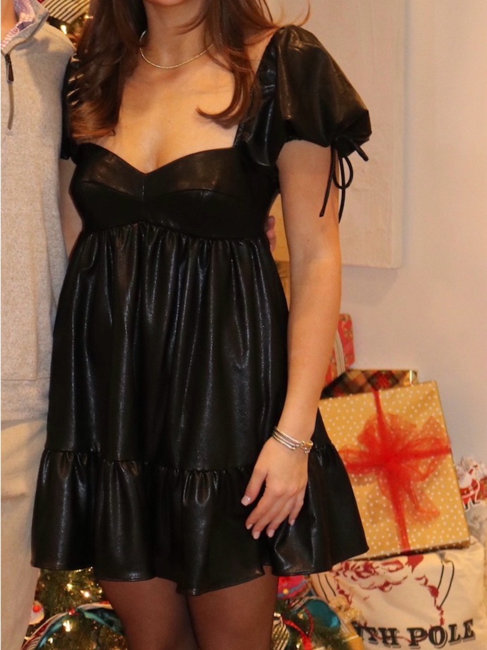 Amanda Uprichard Black Puff-Sleeve Faux Leather Mini Dress